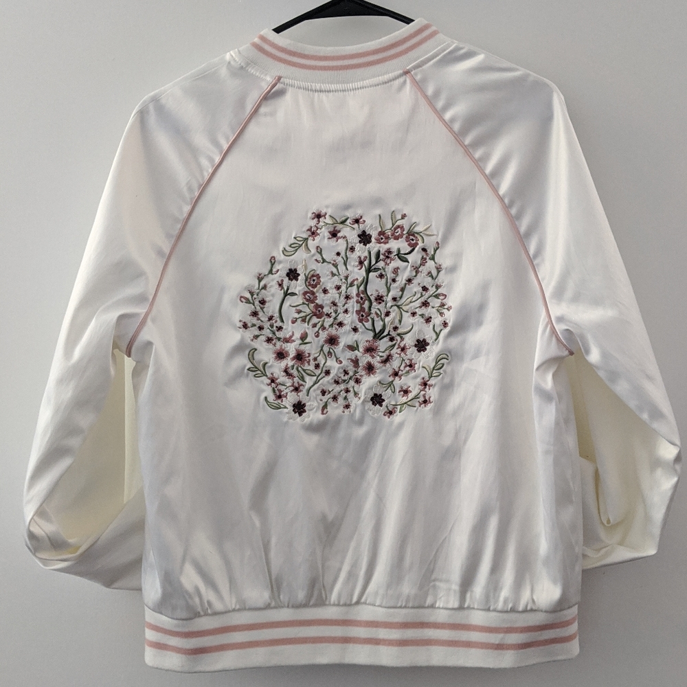 NWOT Satin Bomber Jacket with Flower Embroidery